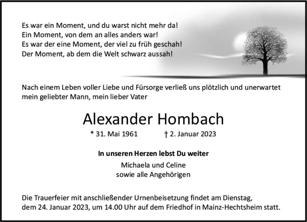  Traueranzeige für Alexander Hombach vom 21.01.2023 aus Allgemeine Zeitung Mainz