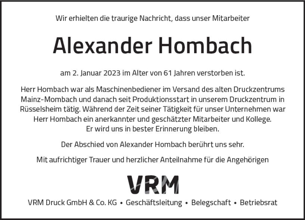  Traueranzeige für Alexander Hombach vom 21.01.2023 aus Rüsselsheimer Echo