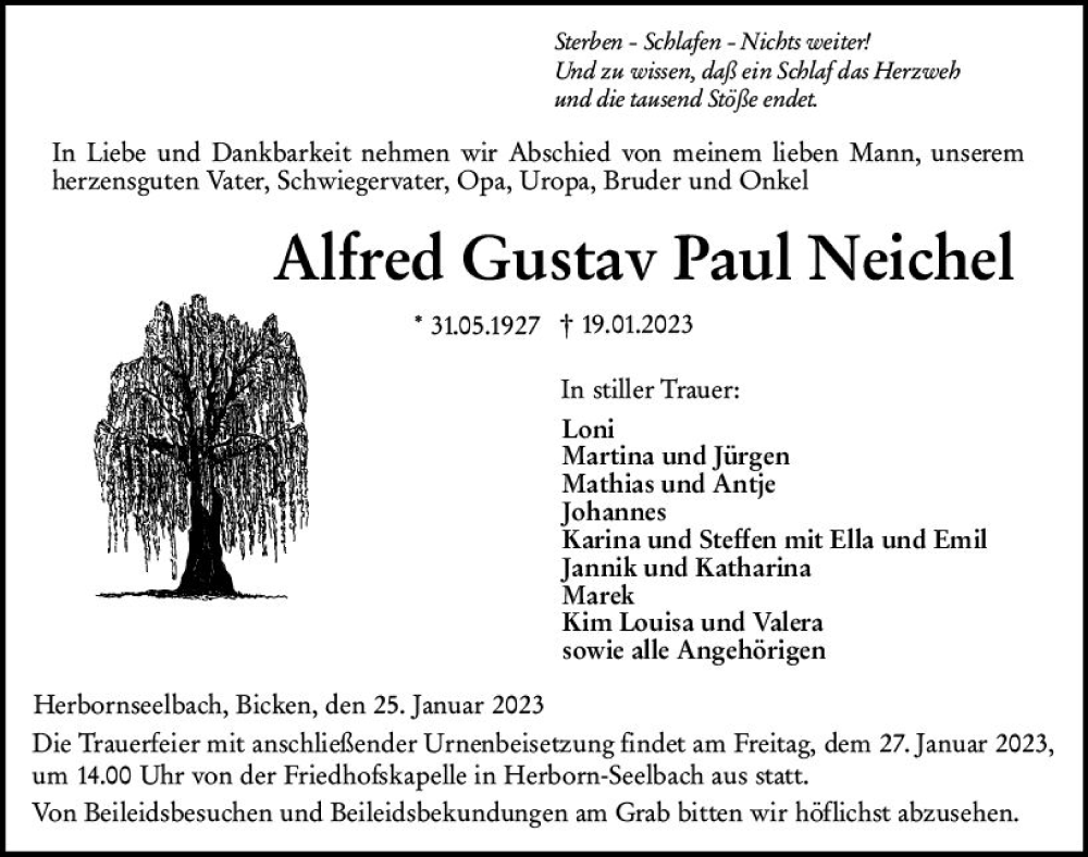  Traueranzeige für Alfred Gustav Paul Neichel vom 25.01.2023 aus Dill Block