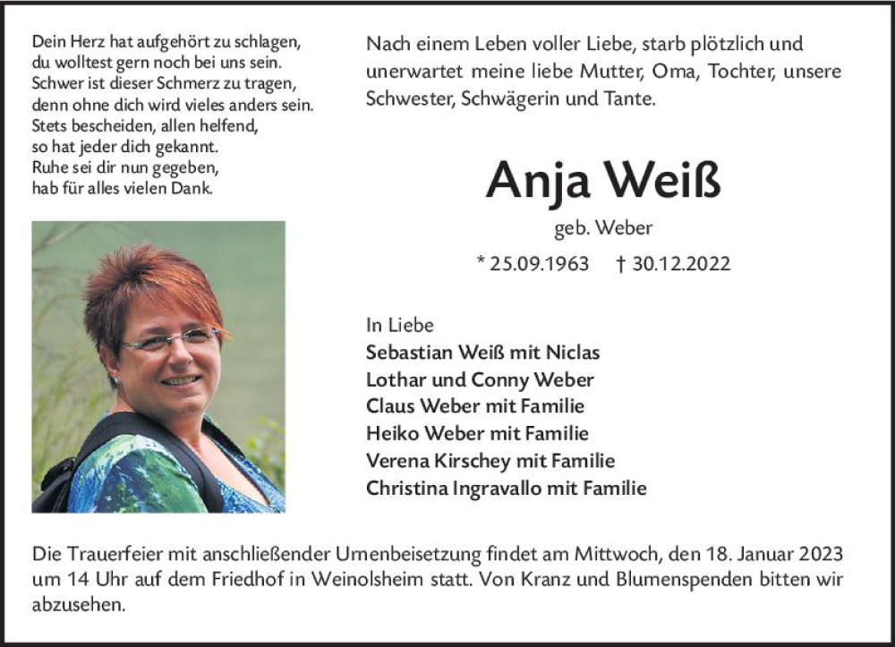  Traueranzeige für Anja Weiß vom 14.01.2023 aus Allgemeine Zeitung Mainz
