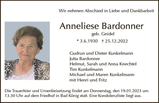 Traueranzeige von Anneliese Bardonner von Odenwälder Echo