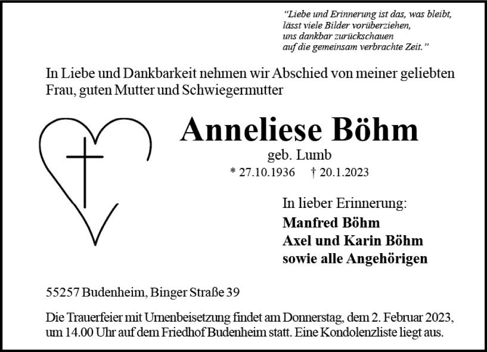  Traueranzeige für Anneliese Böhm vom 28.01.2023 aus Allgemeine Zeitung Mainz