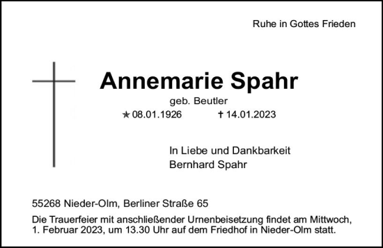 Traueranzeige von Annemarie Spahr von Allgemeine Zeitung Mainz