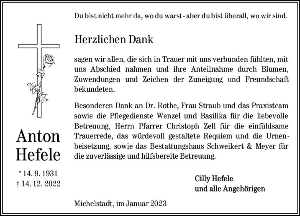  Traueranzeige für Anton Hefele vom 21.01.2023 aus Odenwälder Echo