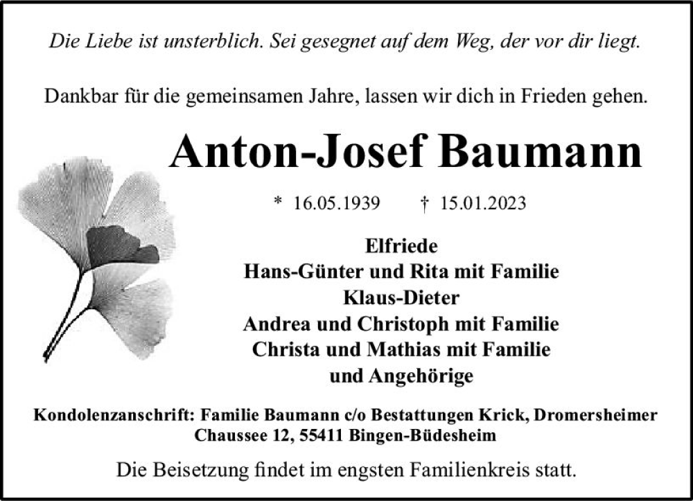  Traueranzeige für Anton-Josef Baumann vom 28.01.2023 aus Allgemeine Zeitung Ingelheim-Bingen