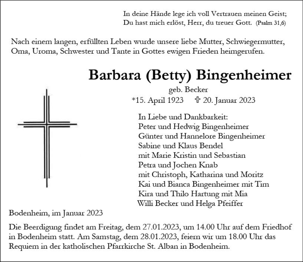  Traueranzeige für Barbara Bingenheimer vom 25.01.2023 aus Allgemeine Zeitung Mainz