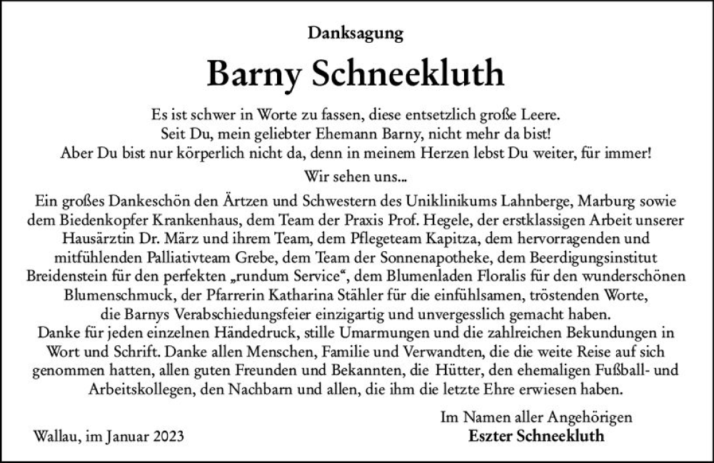  Traueranzeige für Barny Schneekluth vom 24.01.2023 aus Hinterländer Anzeiger