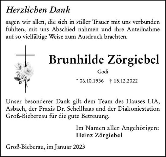 Traueranzeige von Brunhilde Zörgiebel von Darmstädter Echo
