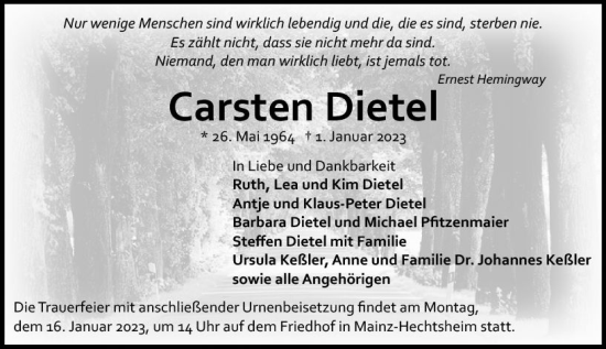 Traueranzeige von Carsten Dietel von Wiesbadener Kurier gesamt