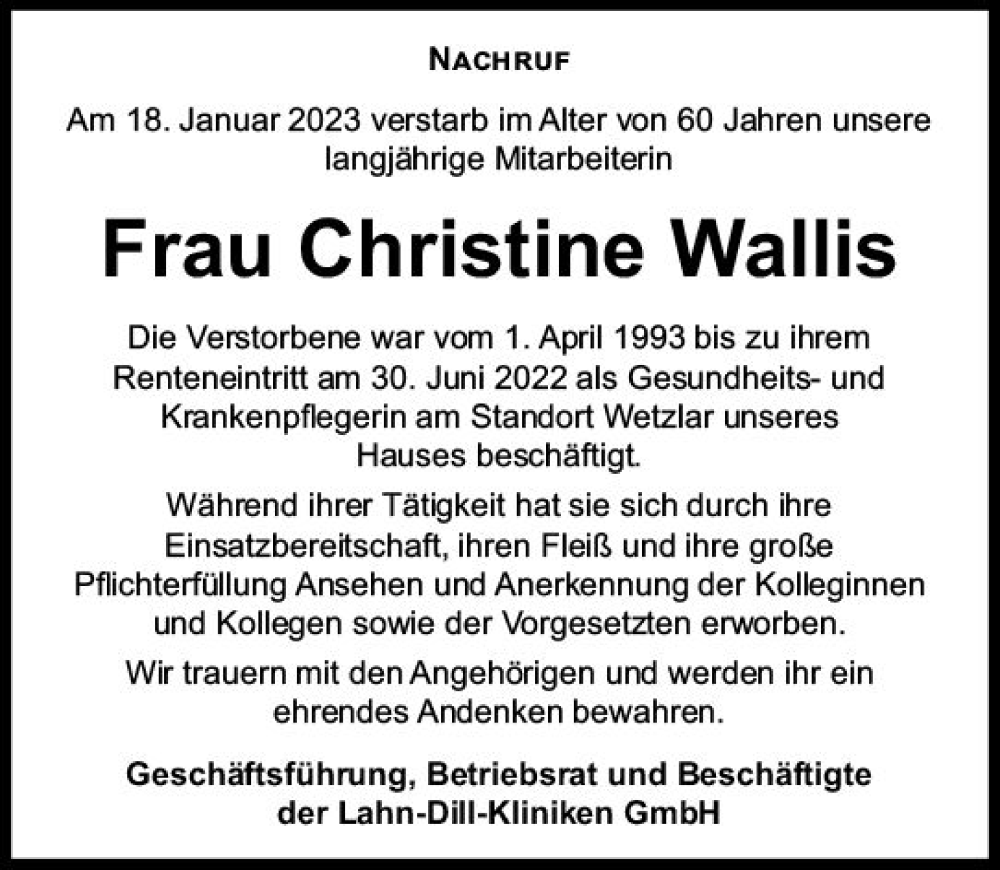  Traueranzeige für Christine Wallis vom 23.01.2023 aus Wetzlarer Neue Zeitung