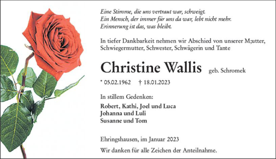 Traueranzeige von Christine Wallis von Wetzlarer Neue Zeitung