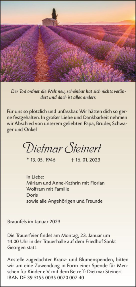Traueranzeige von Dietmar Steinert von Wetzlarer Neue Zeitung