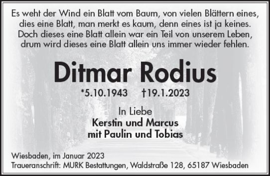 Traueranzeige von Ditmar Rodius von Wiesbadener Kurier gesamt