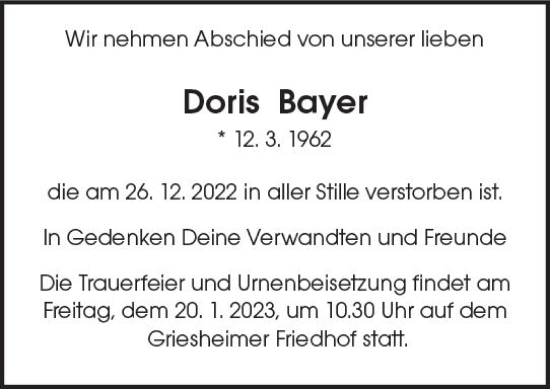 Traueranzeige von Doris Bayer von Darmstädter Echo