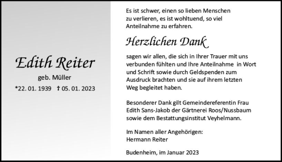 Traueranzeige von Edith Reiter von Allgemeine Zeitung Mainz