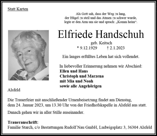 Traueranzeige von Elfriede Handschuh von VRM Trauer