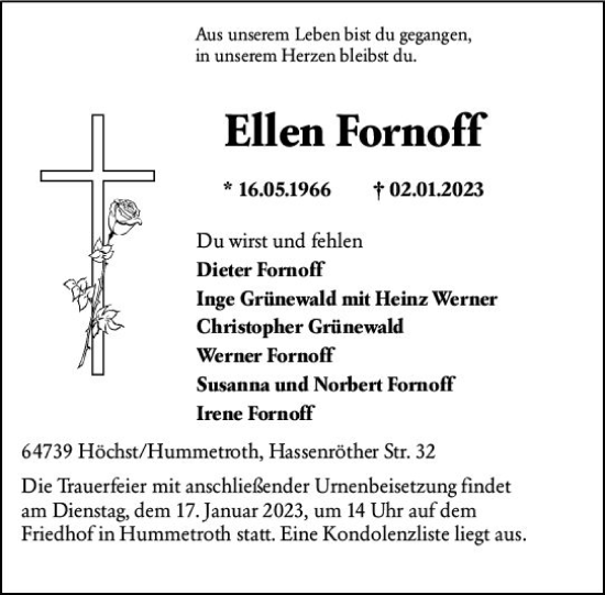 Traueranzeige von Ellen Fornoff von Odenwälder Echo