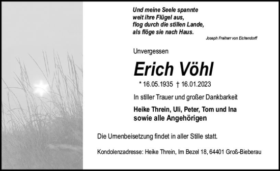 Traueranzeige von Erich Vöhl von Darmstädter Echo