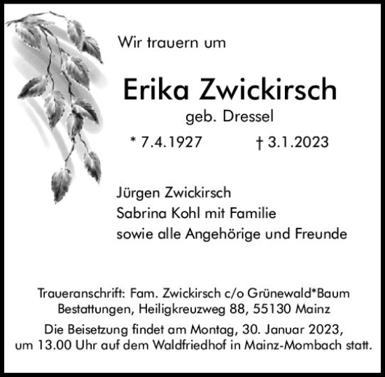 Traueranzeige von Erika Zwickirsch von Allgemeine Zeitung Mainz