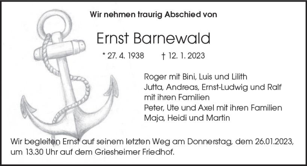  Traueranzeige für Ernst Barnewald vom 21.01.2023 aus Darmstädter Echo