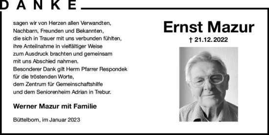 Traueranzeige von Ernst Mazur von Groß-Gerauer Echo