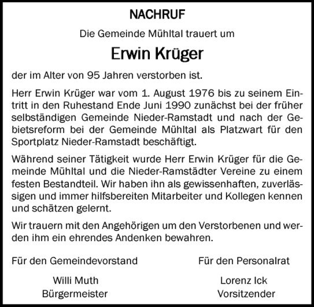  Traueranzeige für Erwin Krüger vom 28.01.2023 aus Darmstädter Echo