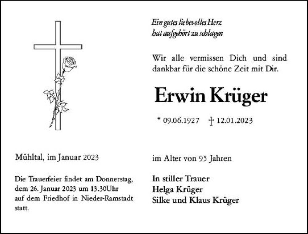  Traueranzeige für Erwin Krüger vom 21.01.2023 aus Darmstädter Echo