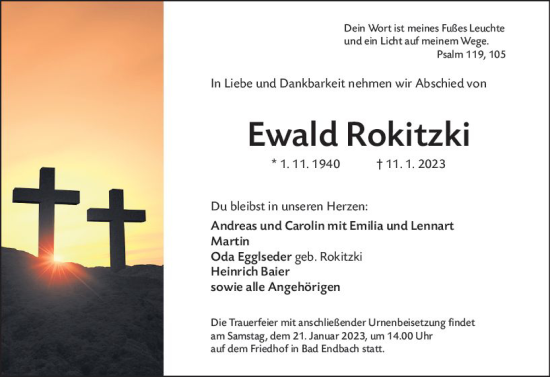 Traueranzeige von Ewald Rokitzki von Hinterländer Anzeiger