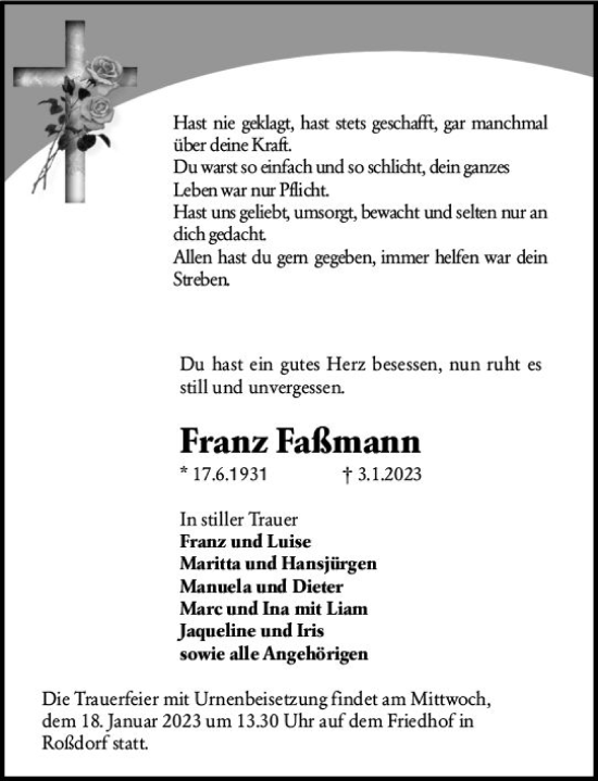 Traueranzeige von Franz Faßmann von Darmstädter Echo