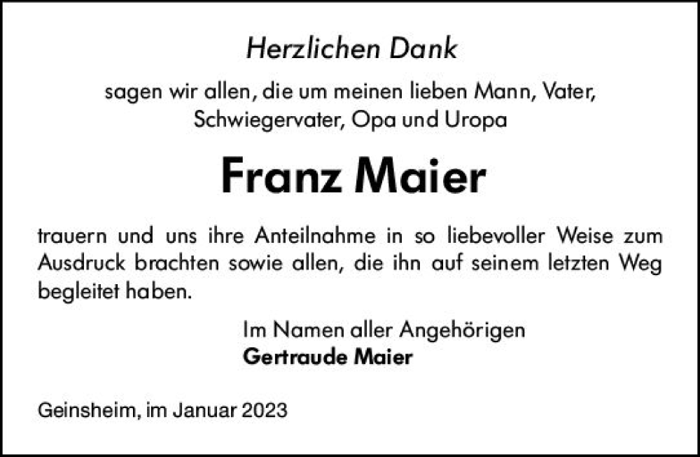  Traueranzeige für Franz Maier vom 20.01.2023 aus Groß-Gerauer Echo