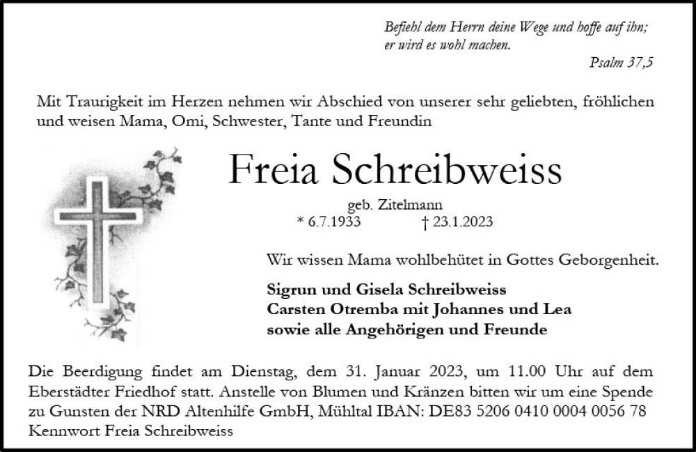  Traueranzeige für Freia Schreibweiss vom 28.01.2023 aus Darmstädter Echo