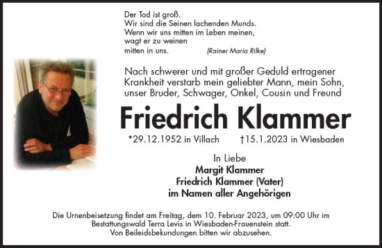 Traueranzeige von Friedrich Klammer von Wiesbadener Kurier gesamt