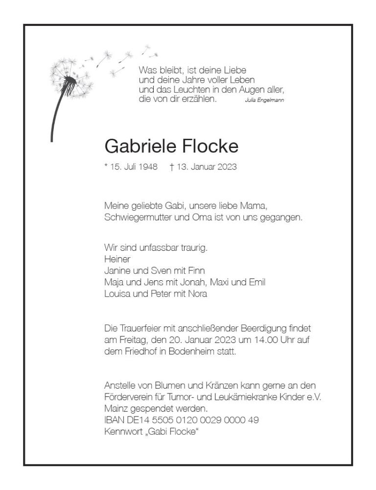 Traueranzeige für Gabriele Flocke vom 17.01.2023 aus Allgemeine Zeitung Mainz