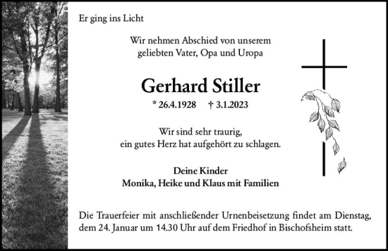 Traueranzeige von Gerhard Stiller von Allgemeine Zeitung Mainz