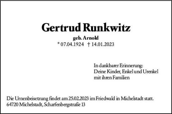 Traueranzeige von Gertrud Runkwitz von Odenwälder Echo