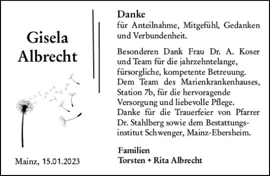 Traueranzeige von Gisela Albrecht von Allgemeine Zeitung Mainz