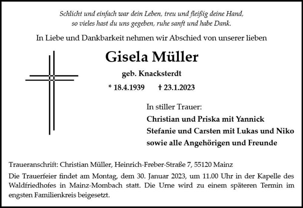  Traueranzeige für Gisela Müller vom 28.01.2023 aus Allgemeine Zeitung Mainz