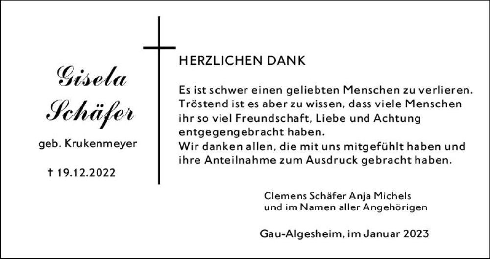  Traueranzeige für Gisela Schäfer vom 28.01.2023 aus Allgemeine Zeitung Ingelheim-Bingen