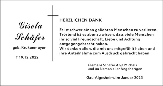 Traueranzeige von Gisela Schäfer von Allgemeine Zeitung Ingelheim-Bingen