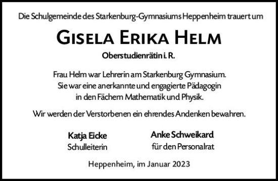 Traueranzeige von Gisela Erika Helm von Starkenburger Echo