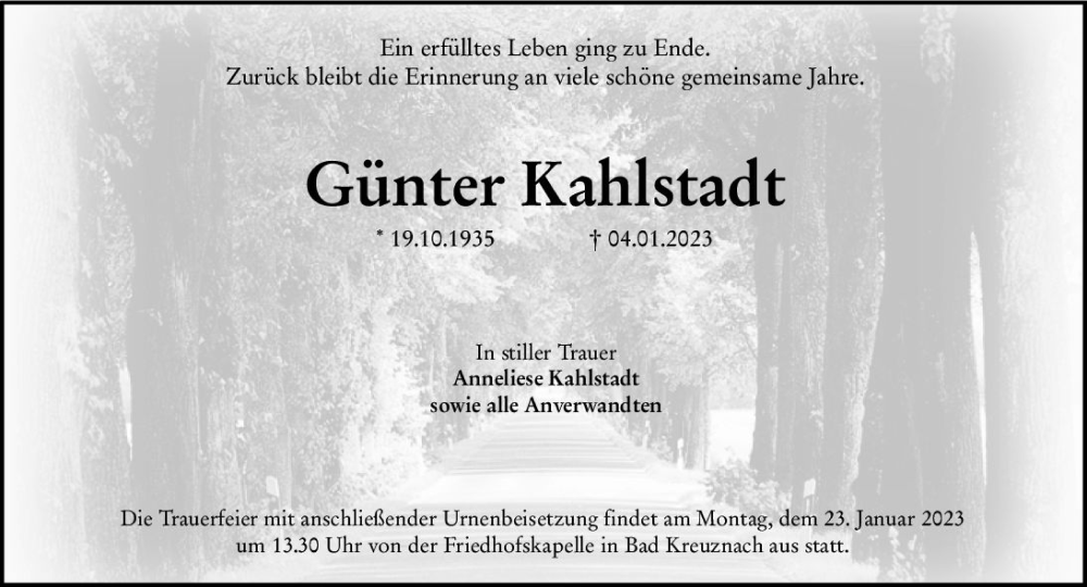  Traueranzeige für Günter Kahlstadt vom 18.01.2023 aus Allgemeine Zeitung Bad Kreuznach