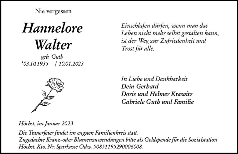  Traueranzeige für Hannelore Walter vom 21.01.2023 aus Odenwälder Echo