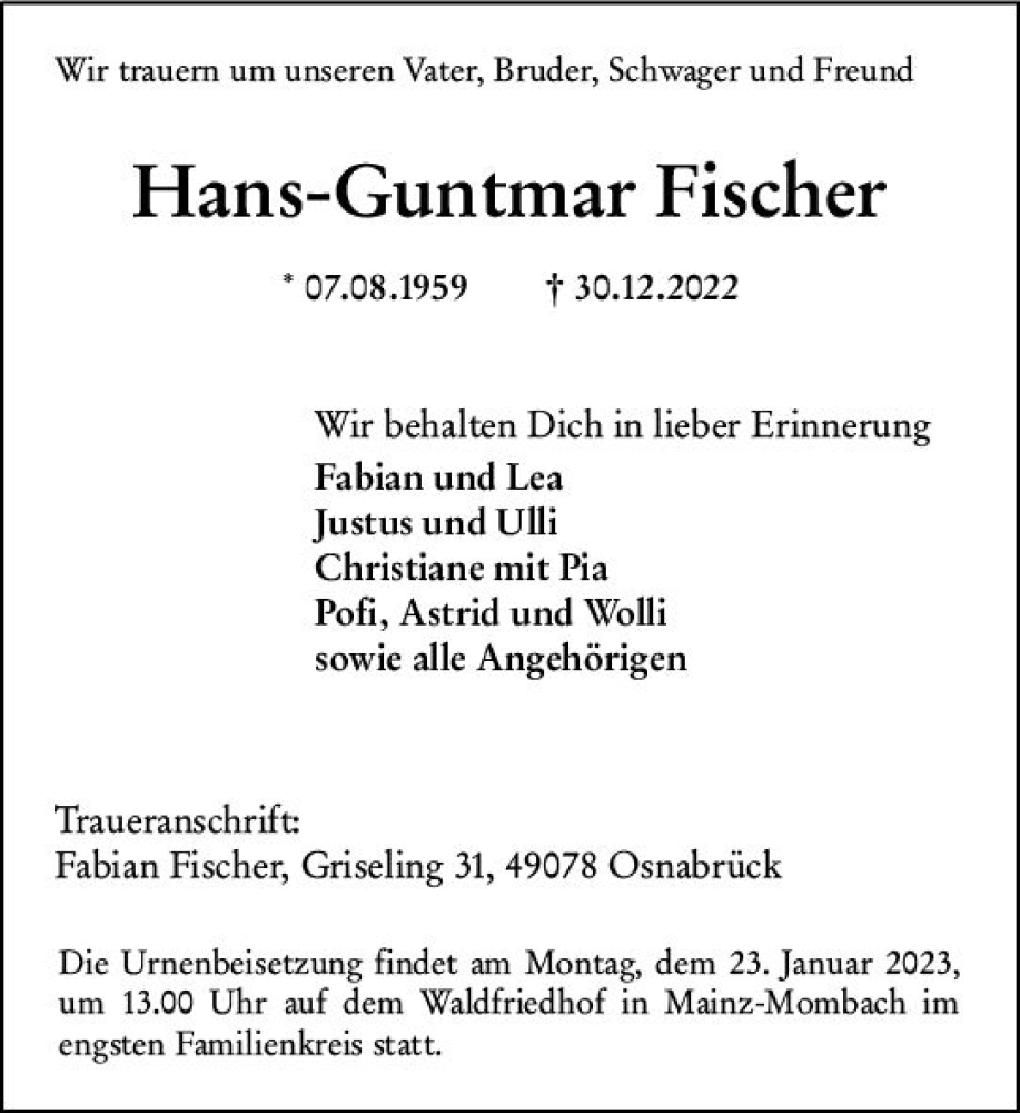  Traueranzeige für Hans-Guntmar Fischer vom 21.01.2023 aus Allgemeine Zeitung Mainz
