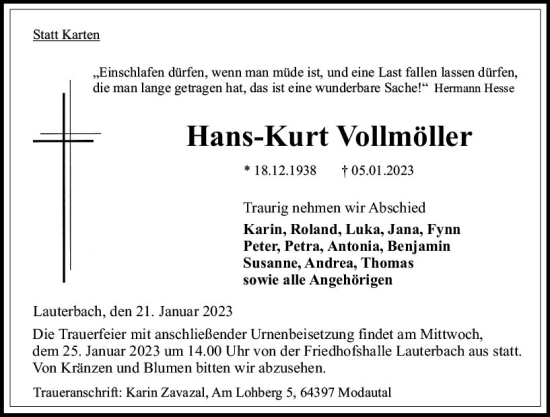 Traueranzeige von Hans-Kurt Vollmöller von VRM Trauer