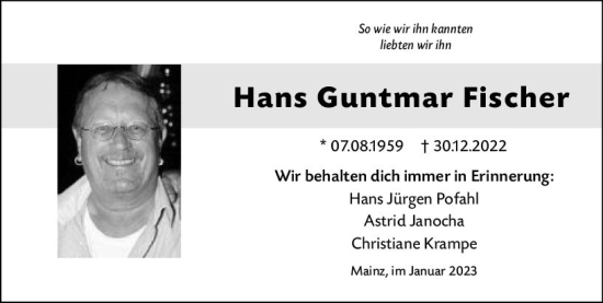 Traueranzeige von Hans Guntmar Fischer von Allgemeine Zeitung Mainz