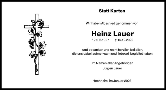 Traueranzeige von Heinz Lauer von Hochheimer Zeitung
