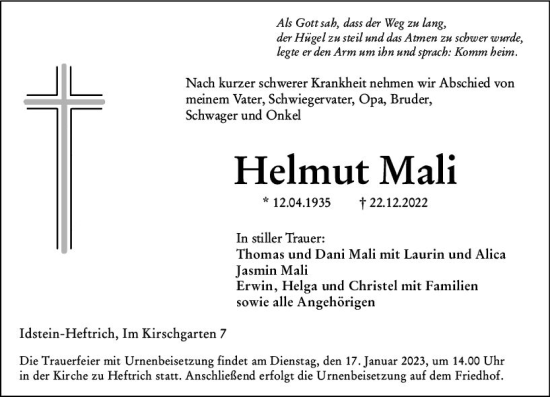 Traueranzeige von Helmut Mali von Idsteiner Land / Untertaunus Kurier