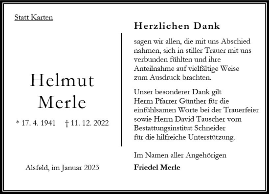 Traueranzeige von Helmut Merle von VRM Trauer