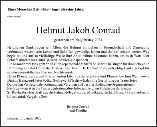 Traueranzeige von Helmut Jakob Conrad von Allgemeine Zeitung Ingelheim-Bingen