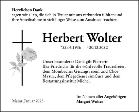 Traueranzeige von Herbert Wolter von Allgemeine Zeitung Mainz